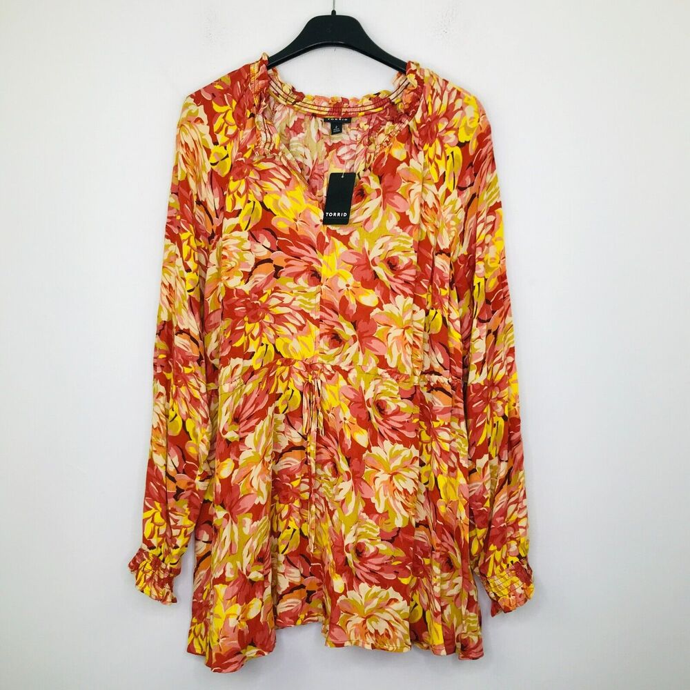 Torrid Women's 2 Blouse Orange Yellow Floral Crepe Tie Waist Peasant NWT CG4